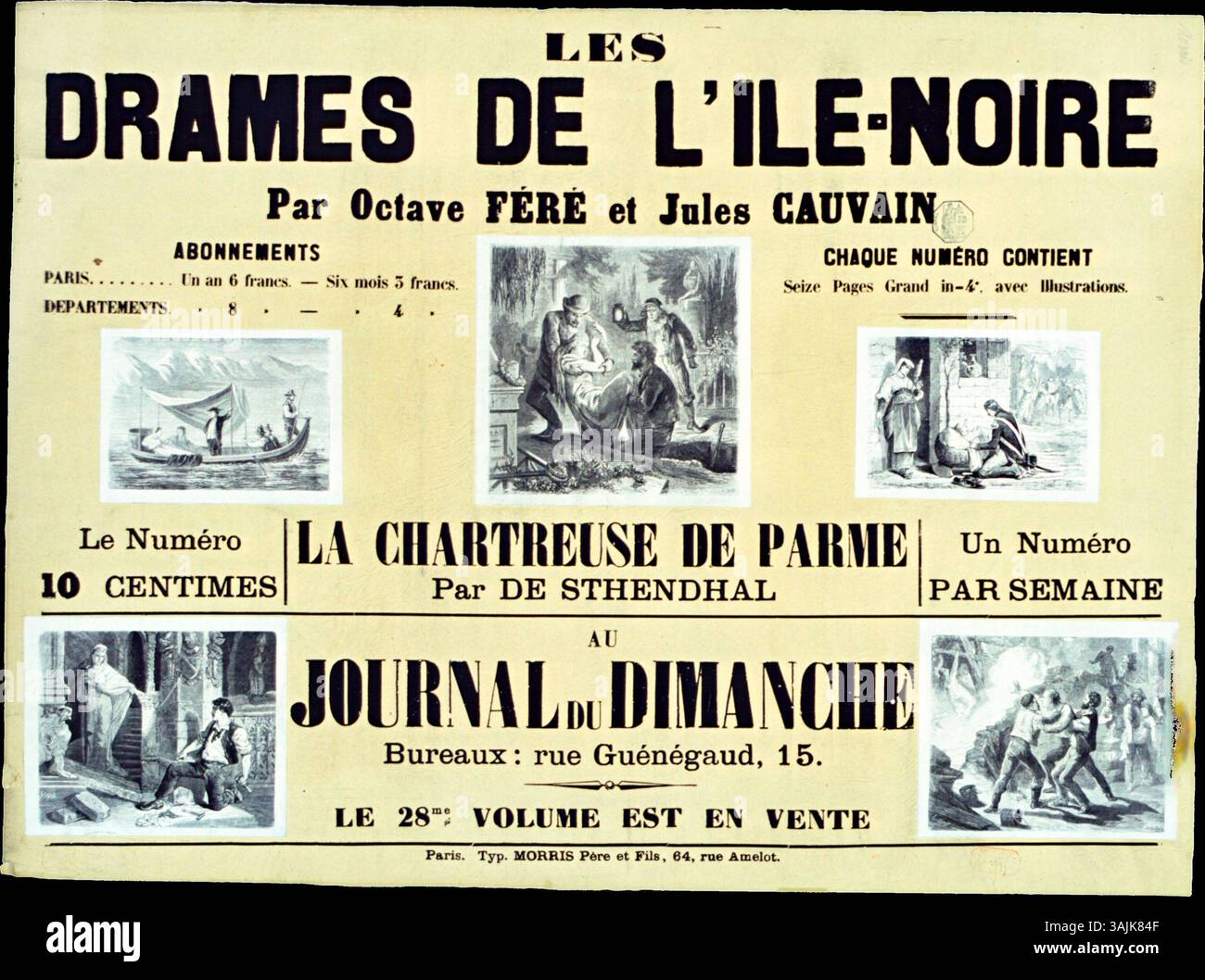 Un poster promozionale per "Les Drames de l'Ile-Noire" di Octave Férré e Jules Cauvain, illustrato da Amédée Rousseau. La stampa, pubblicata nel 1872, presenta incisioni di un popolare dramma dell'epoca, mostrando incisioni in legno bianco e nero su carta gialla. L'opera d'arte drammatica riflette il fascino francese del XIX secolo con storie esotiche e storie visive. Foto Stock