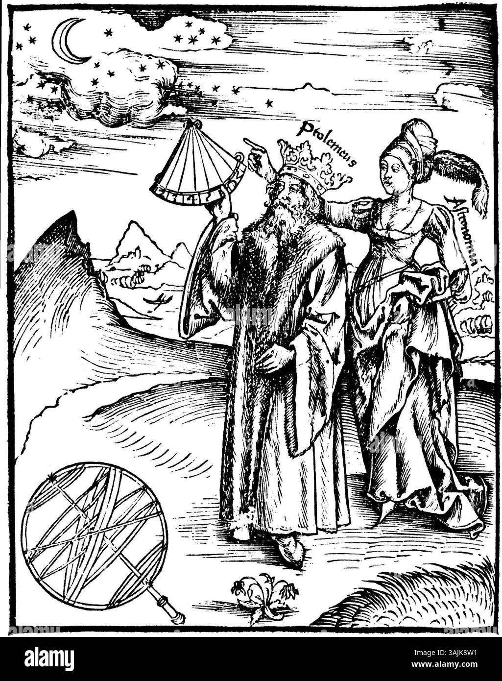 La "Margarita Philosophica" di Gregor Reisch, pubblicata nel 1503, è un'importante opera allegorica. La sezione "Astronomia" presenta una dettagliata rappresentazione visiva dell'astronomia, contribuendo al campo della letteratura scientifica medievale. Foto Stock