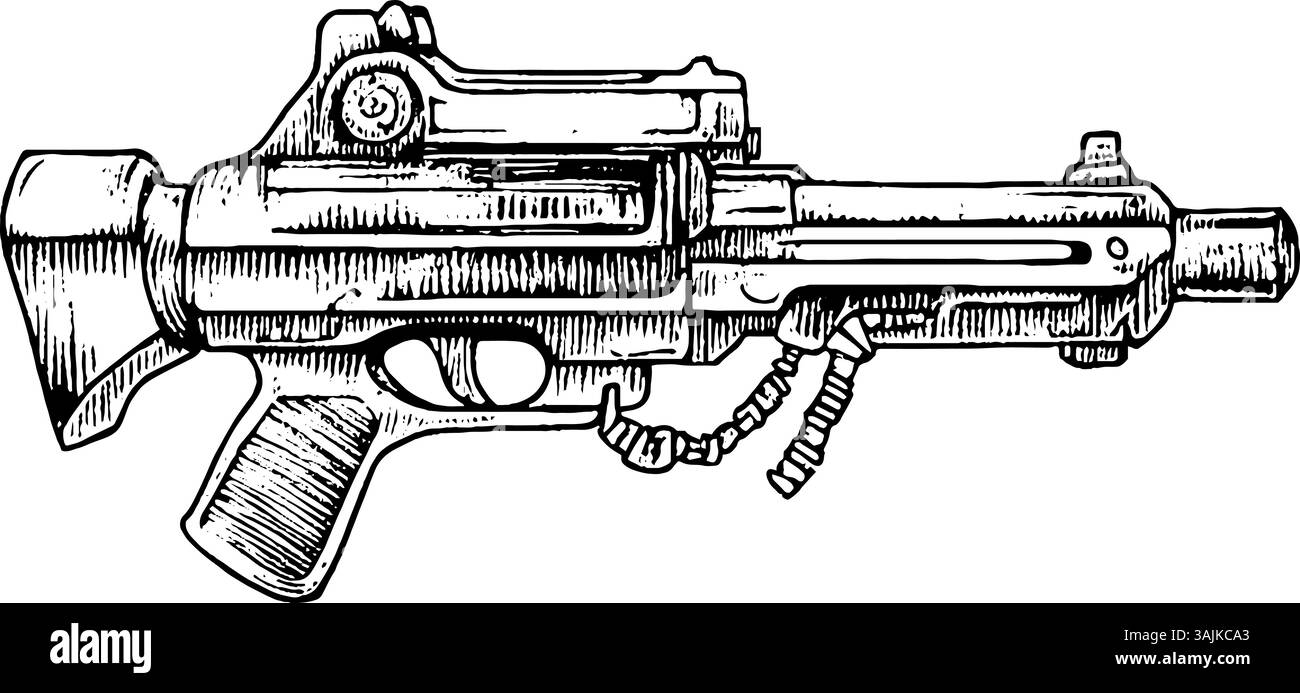 Un'illustrazione dettagliata di un'arma da fuoco futuristica, che mostra complessi design e componenti meccanici. L'arma è caratterizzata da un corpo elegante, una canna prominente e un'impugnatura testurizzata che ne esalta la tecnologia avanzata. Illustrazione Vettoriale
