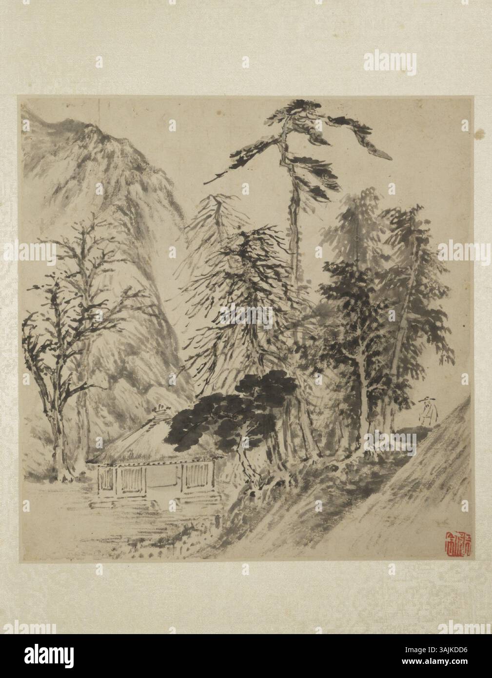 Questo dipinto cinese di Zhang Hong, creato tra il 1577 e il 1662, mostra la capacità dell'artista di catturare la grandezza della natura attraverso pennellate dettagliate e ricche tonalità di inchiostro. L'opera riflette i valori culturali della dinastia Ming e delle prime dinastie Qing. Foto Stock