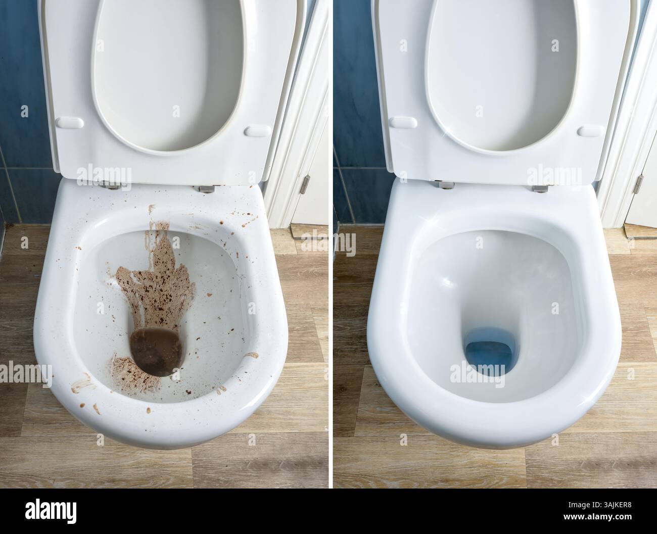 differenza tra ciotola pulita e sporca con coperchio aperto in un bagno con pavimento in legno e piastrelle blu. Vista dall'alto in alto. Foto Stock