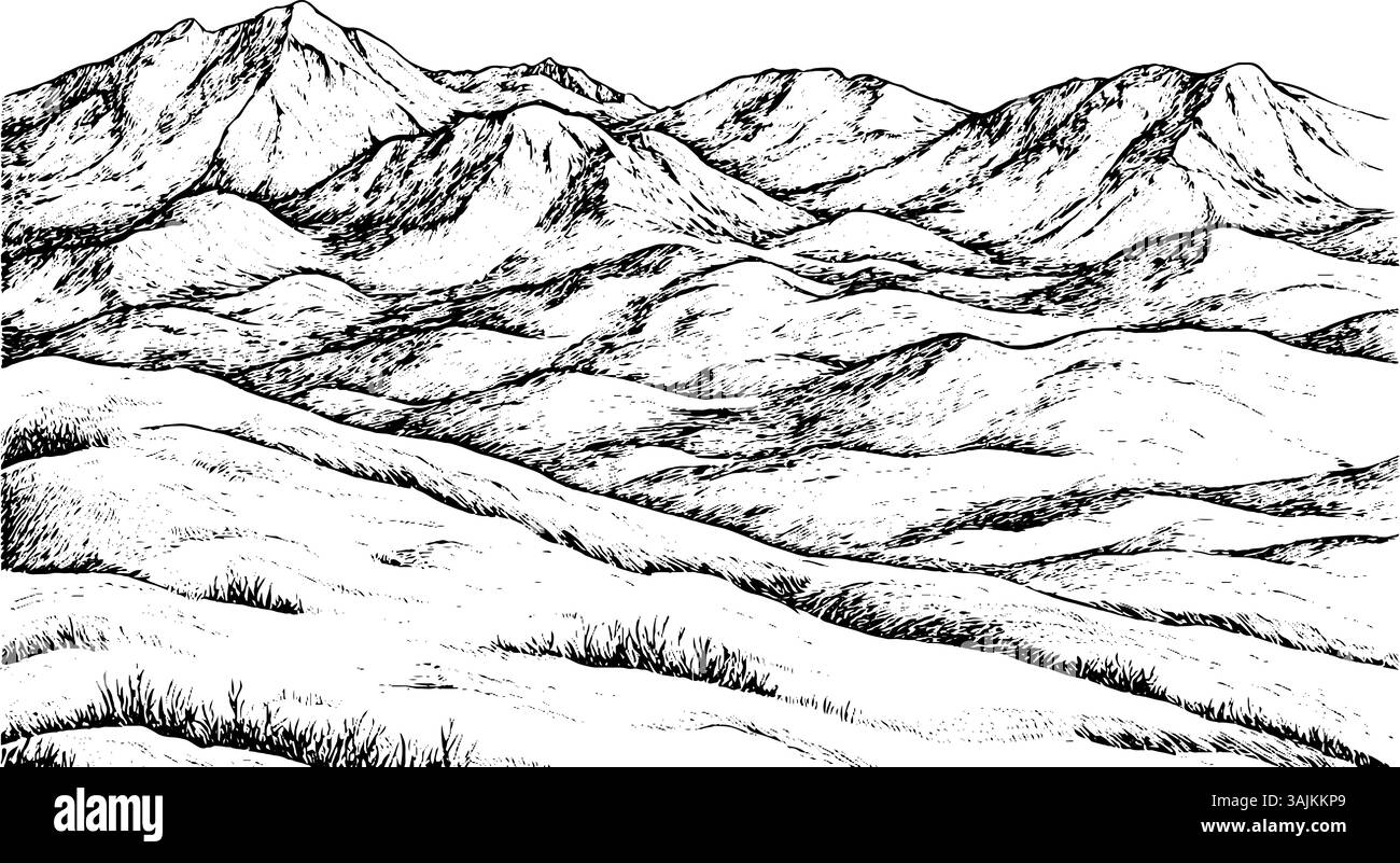 Un'illustrazione dettagliata in bianco e nero di un paesaggio montano, con colline ondulate e picchi sullo sfondo. Il primo piano mostra un terreno liscio e ondulato con erba sparsa. Illustrazione Vettoriale