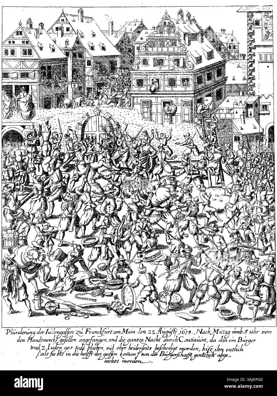 Il saccheggio della Judengasse di Francoforte nel 1614 durante la rivolta di Fettmilch è raffigurato in questa scena storica. Rappresenta la violenza e la distruzione avvenute durante la rivolta nel Sacro Romano Impero. Foto Stock