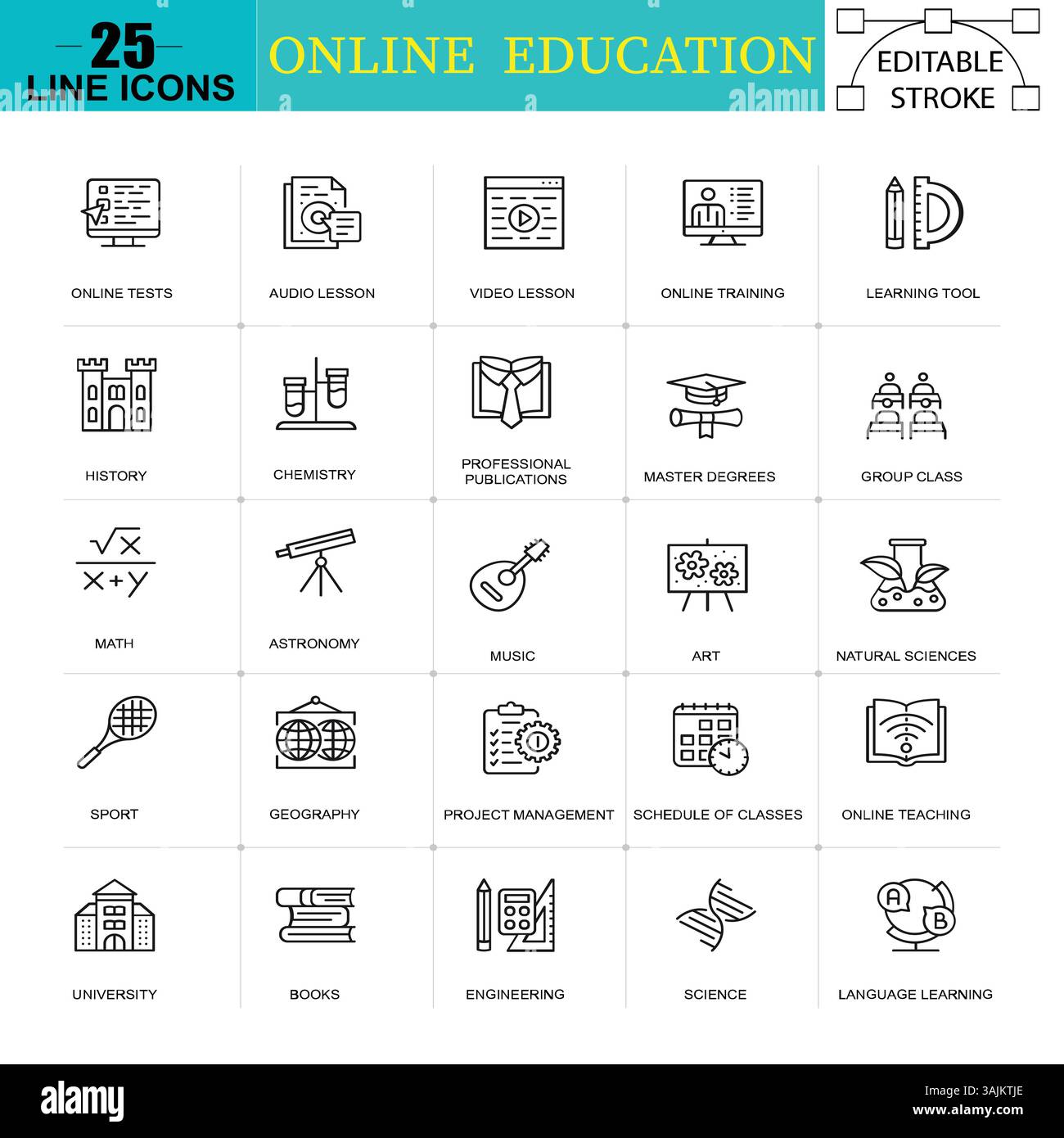 Icone della linea di formazione online - 25 icone del vettore di traccia modificabili per l'e-learning e l'insegnamento Illustrazione Vettoriale
