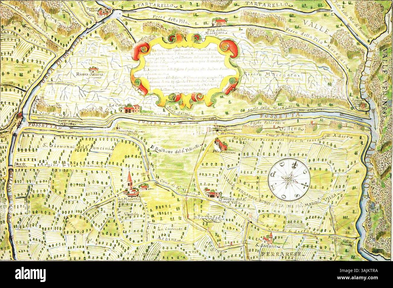 Mappa del confine tra Mantovano e Ferrarese, realizzata da Doriciglio Moscatelli nel 1687. L'opera mette in evidenza la divisione geografica con dettaglio e precisione, tipica della cartografia seicentesca. Foto Stock