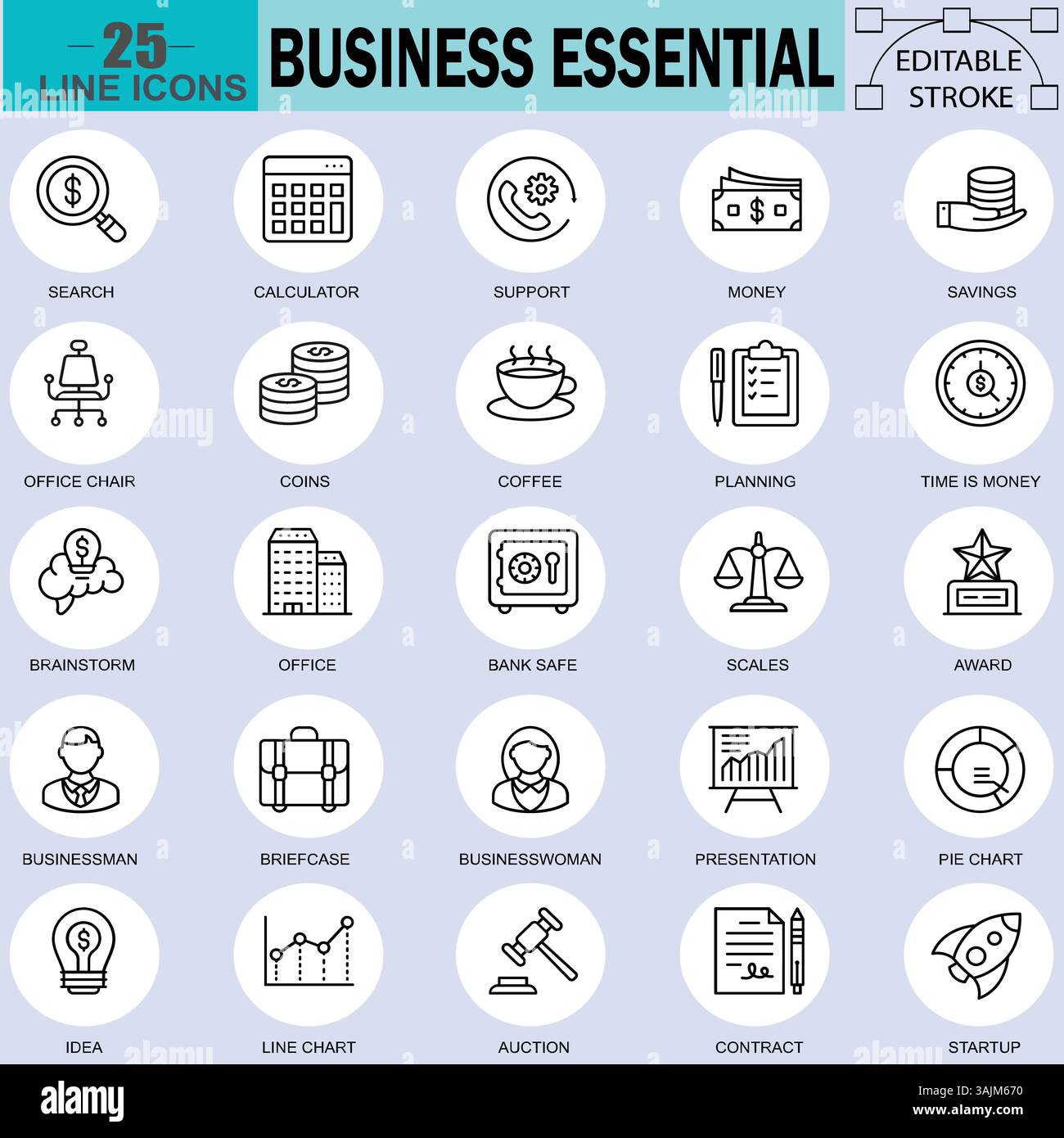 Set icone linea Business Essentials. Finanza, ufficio, pianificazione, grafici e altro ancora per la progettazione aziendale Illustrazione Vettoriale