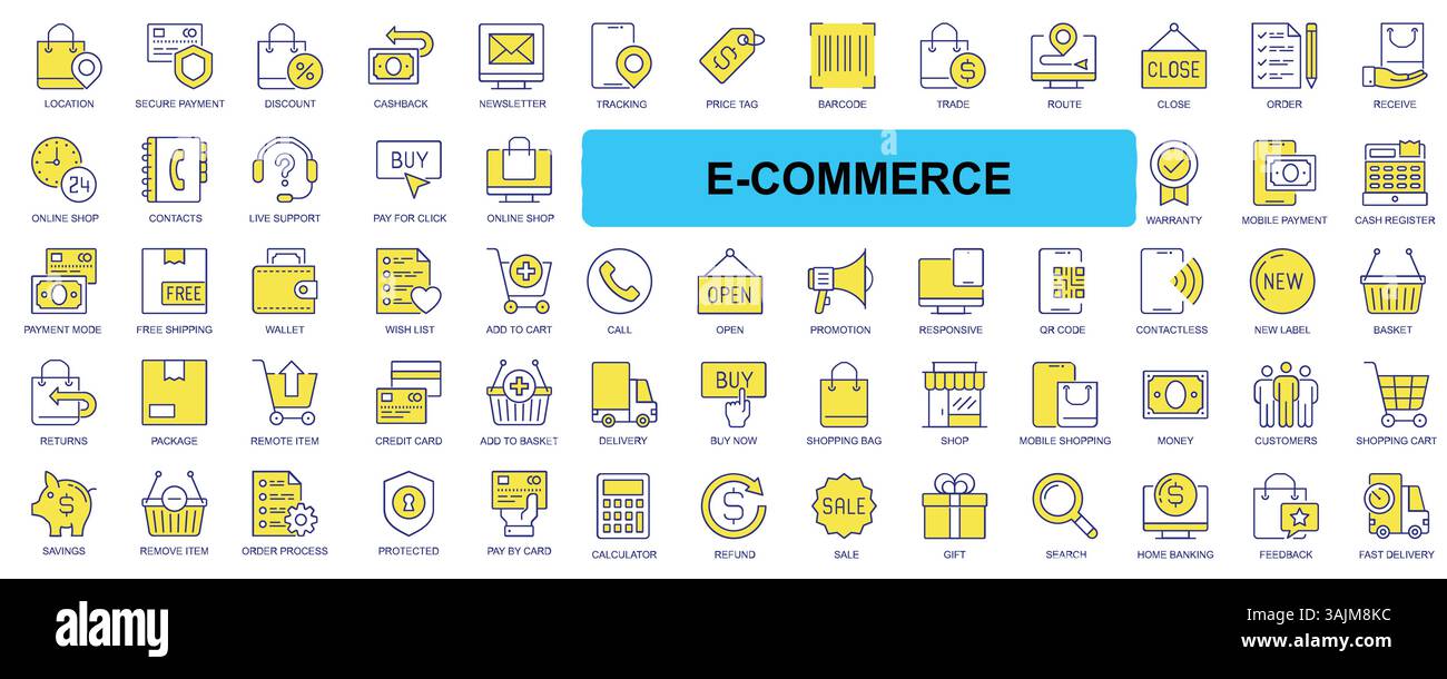 Set di icone e-Commerce: Simboli di pagamento e shopping online essenziali per il Web. Illustrazione Vettoriale