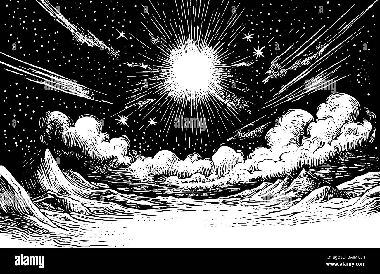Una spettacolare illustrazione in bianco e nero di una scena celeste caratterizzata da un sole luminoso circondato da stelle e comete, con nuvole e montagne in primo piano. Illustrazione Vettoriale