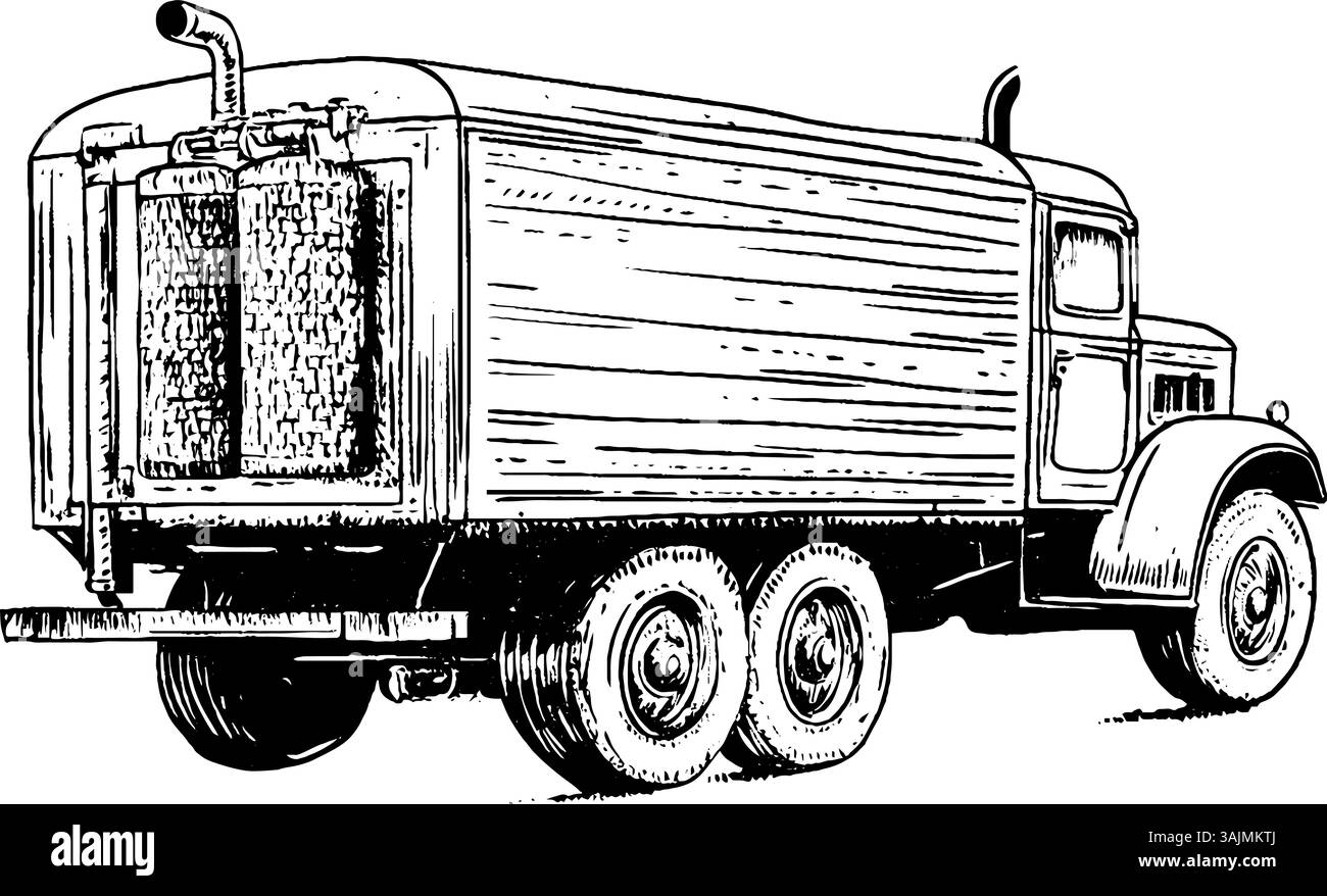 Un'illustrazione vintage di un veicolo classico con un vano di carico in legno e grandi serbatoi cilindrici sul retro. Il veicolo presenta un design esclusivo con bordi arrotondati e una griglia anteriore prominente. Illustrazione Vettoriale