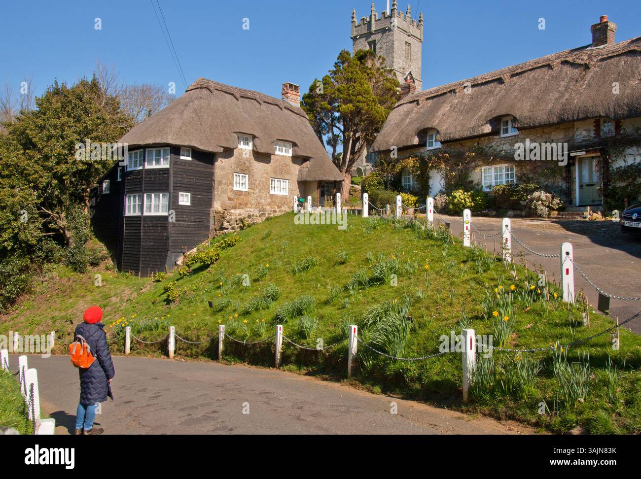 Church Hill & All Saints Church, Godshill, Isola di Wight, Hampshire, Inghilterra Foto Stock