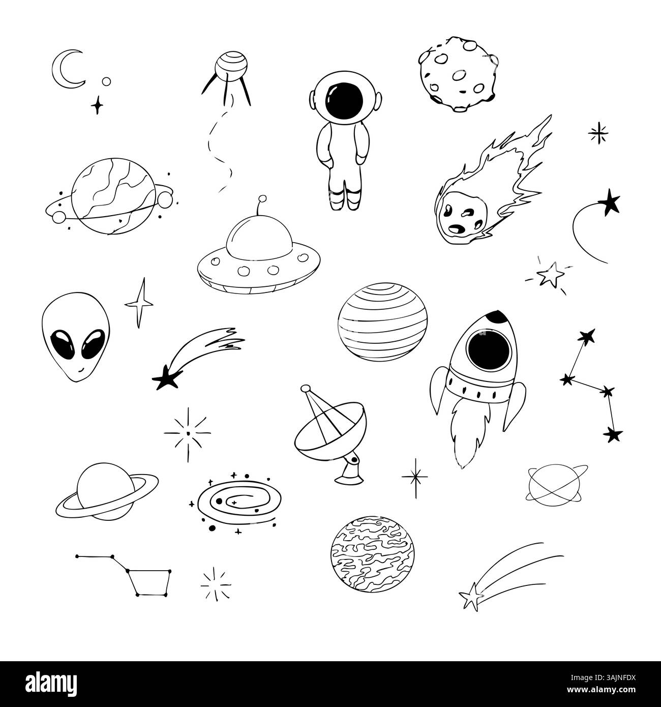 Set di spazi con alieni, meteore, pianeti e linee spaziali disegnate a mano. Imposta elementi cosmici scarabocchi. Illustrazione vettoriale Illustrazione Vettoriale