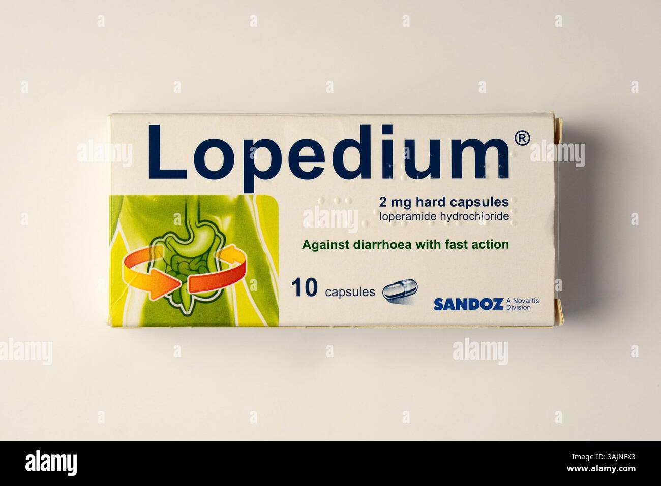 Lopedium 2 mg capsule rigide loperamide cloridrato di Sandoz Novartis, diarrea, diarrea, prescrizione medica, disturbo acuto, prodotti farmaceutici Foto Stock