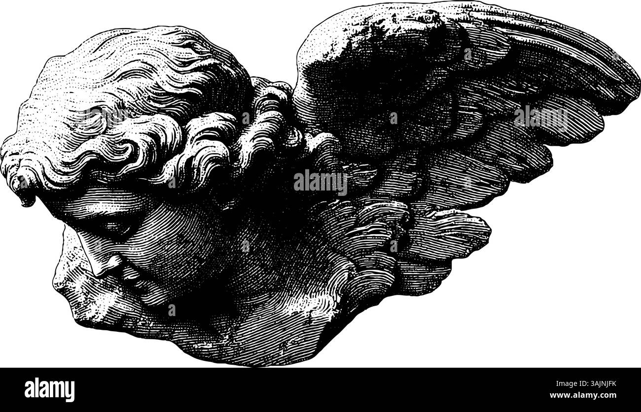 Incisione vintage di angelo con ali e dettagli dettagliati. Illustrazione Vettoriale