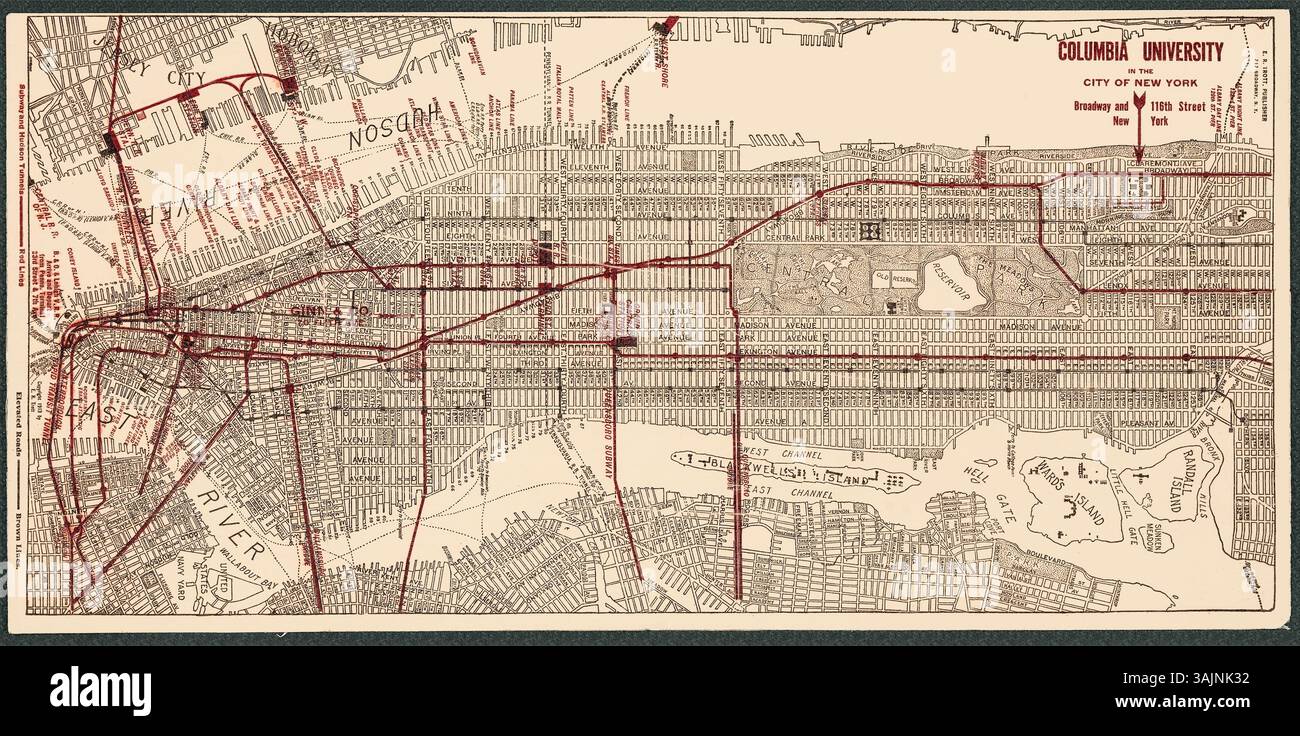 Questa e' una riproduzione migliorata e restaurata di una mappa storica del 1917 di New York City, che evidenzia specificamente la Columbia University a Broadway e la 116th Street. Titolo originale: Columbia University nella città di New York. Raffigura Manhattan e parti dei quartieri circostanti, mostrando le strade principali, le linee della metropolitana e dei treni sopraelevati e le rotte dei traghetti. Central Park è ben visibile al centro, e altri luoghi di interesse come l'East River, il fiume Hudson e isole come Blackwell's Island (ora Roosevelt Island) e Ward's Island sono etichettati. La mappa enfatizza i percorsi di trasporto. Foto Stock