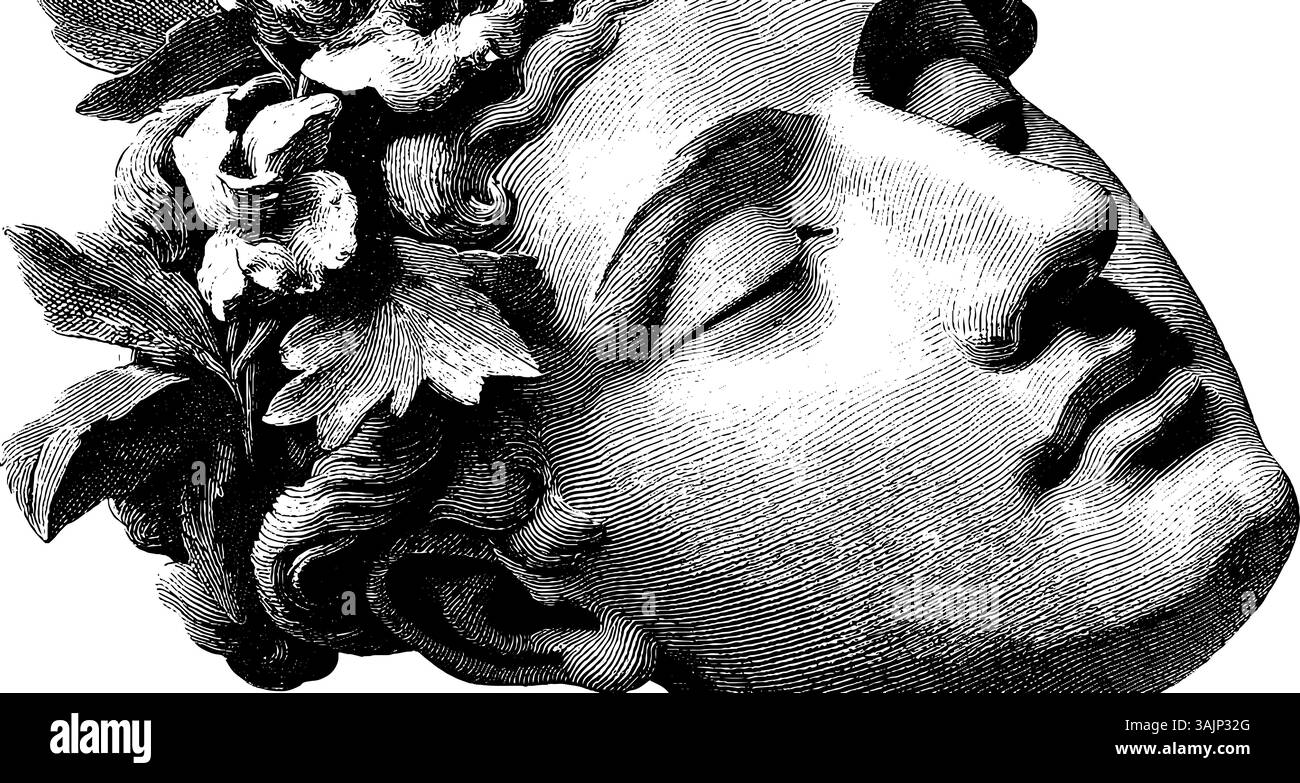 Scultura classica: Faccia serena con corona floreale in bianco e nero. Illustrazione Vettoriale
