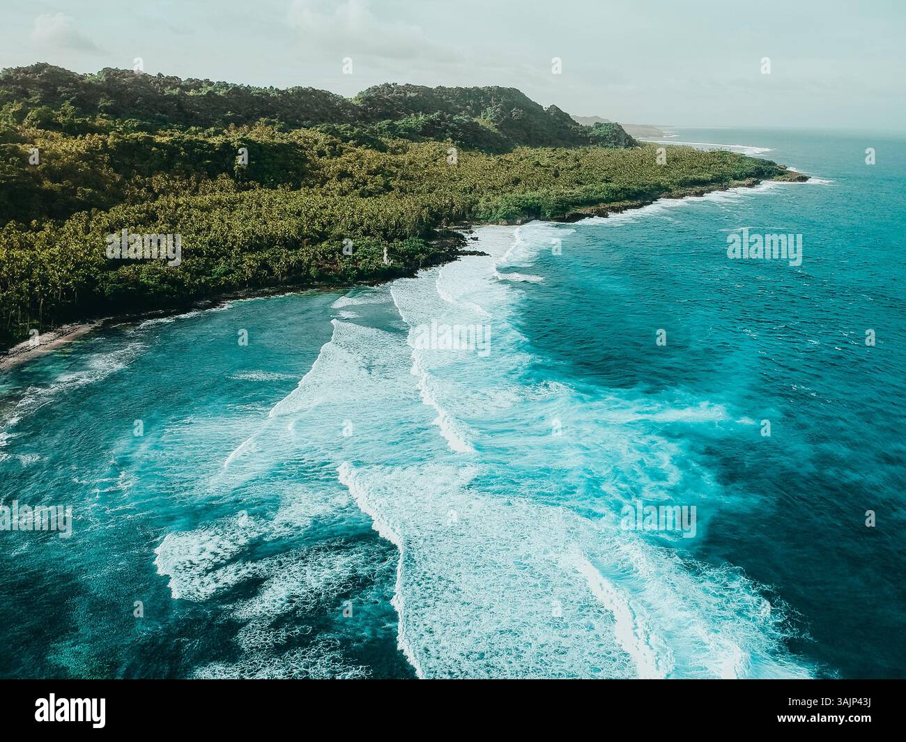 Splendida vista aerea dell'isola di Siargao, Filippine, con foreste lussureggianti, una costa frastagliata e onde turchesi, un paradiso ideale per gli avventurieri Foto Stock