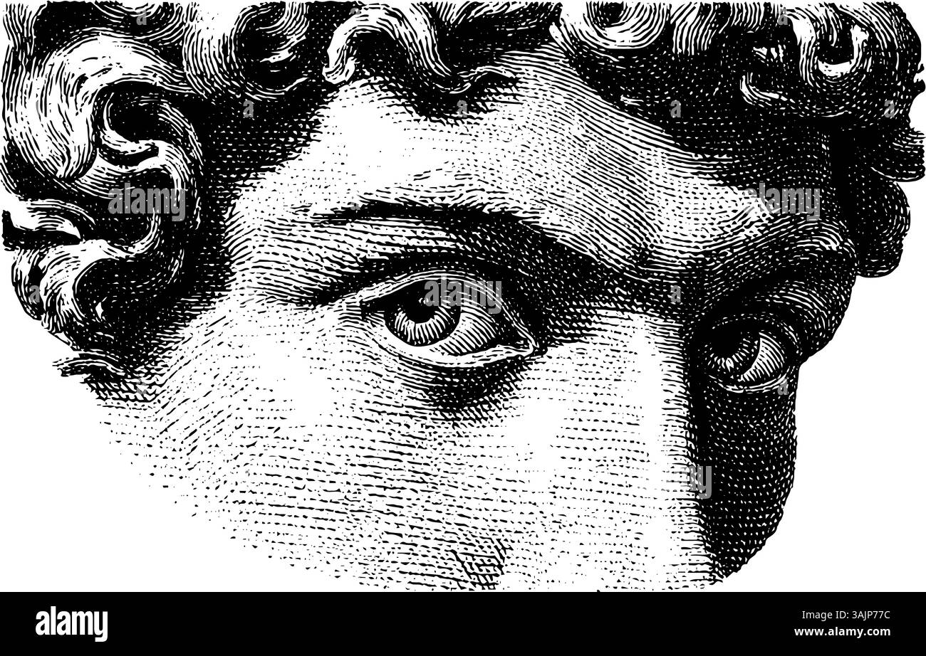 Incisione dettagliata di occhi scultorei classici con uno sguardo intenso. Illustrazione Vettoriale