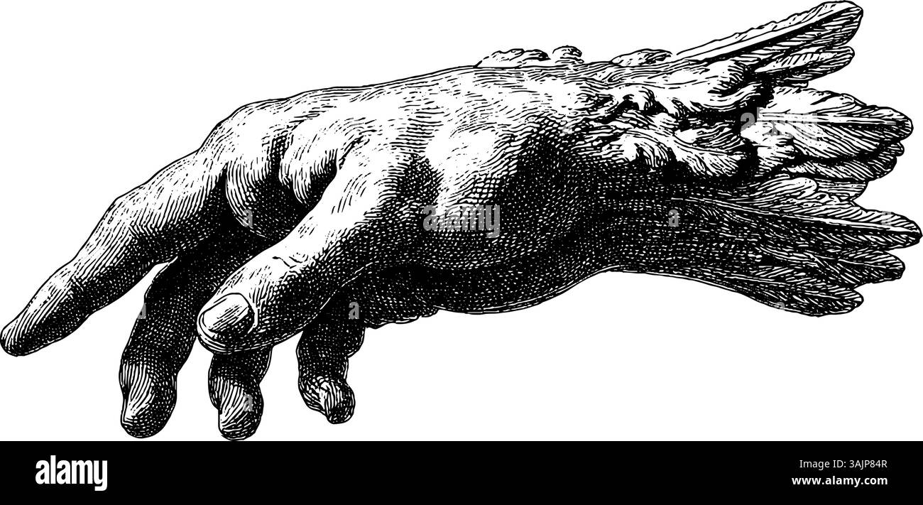 Mano surreale con incisione di piume: Arte ibrida umana e uccello. Illustrazione Vettoriale