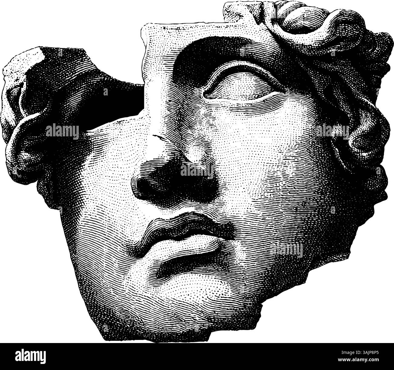 Antico frammento di scultura in marmo con texture dettagliate e caratteristiche classiche. Illustrazione Vettoriale