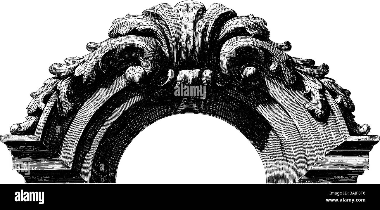 Arco vintage decorato con intricati dettagli floreali in bianco e nero. Illustrazione Vettoriale