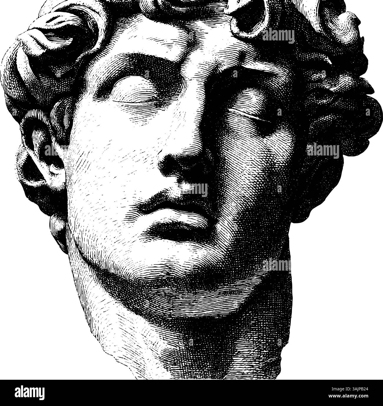 Scultura in marmo con ricci dettagliati e occhi vuoti. Illustrazione Vettoriale