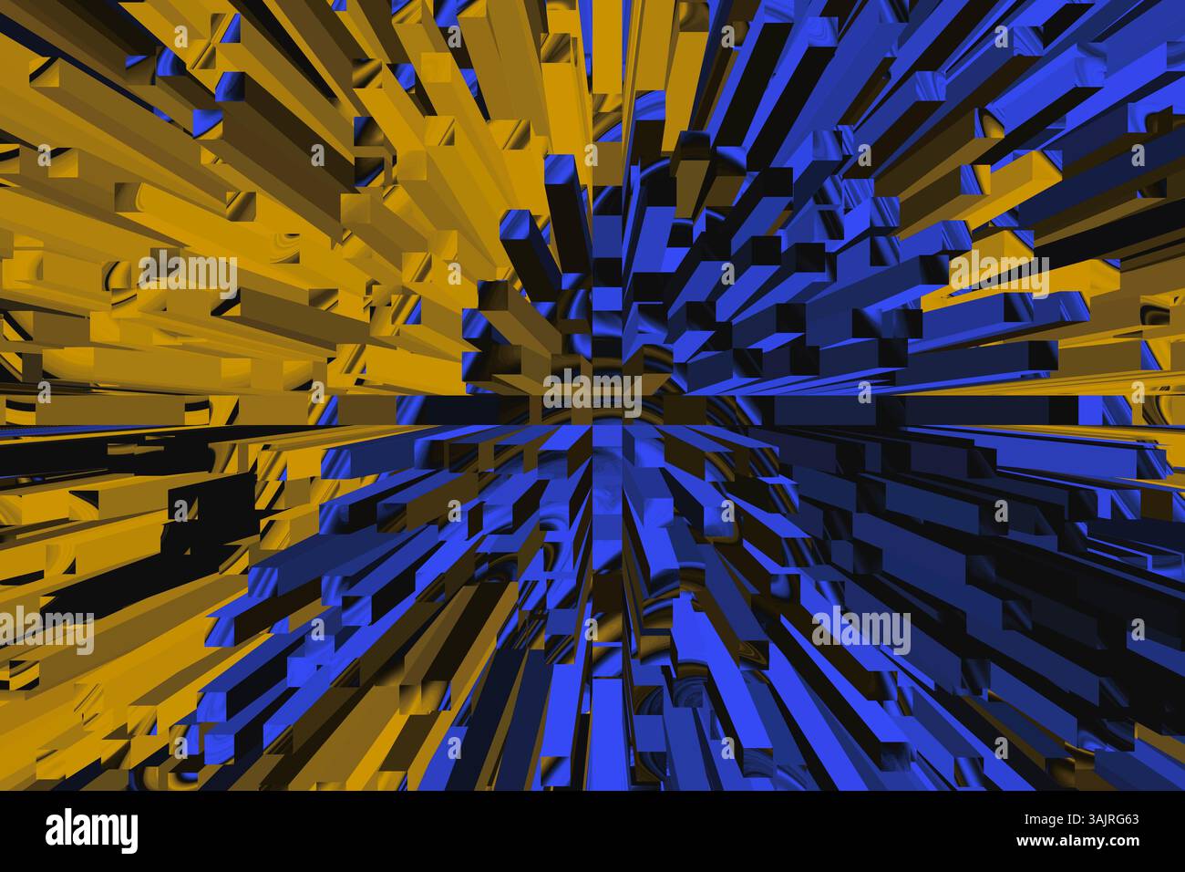 Blocchi 3D dinamici in un design astratto esplosivo. Design 3D giallo e blu ad alto contrasto con profondità dinamica e forme geometriche audaci. Foto Stock