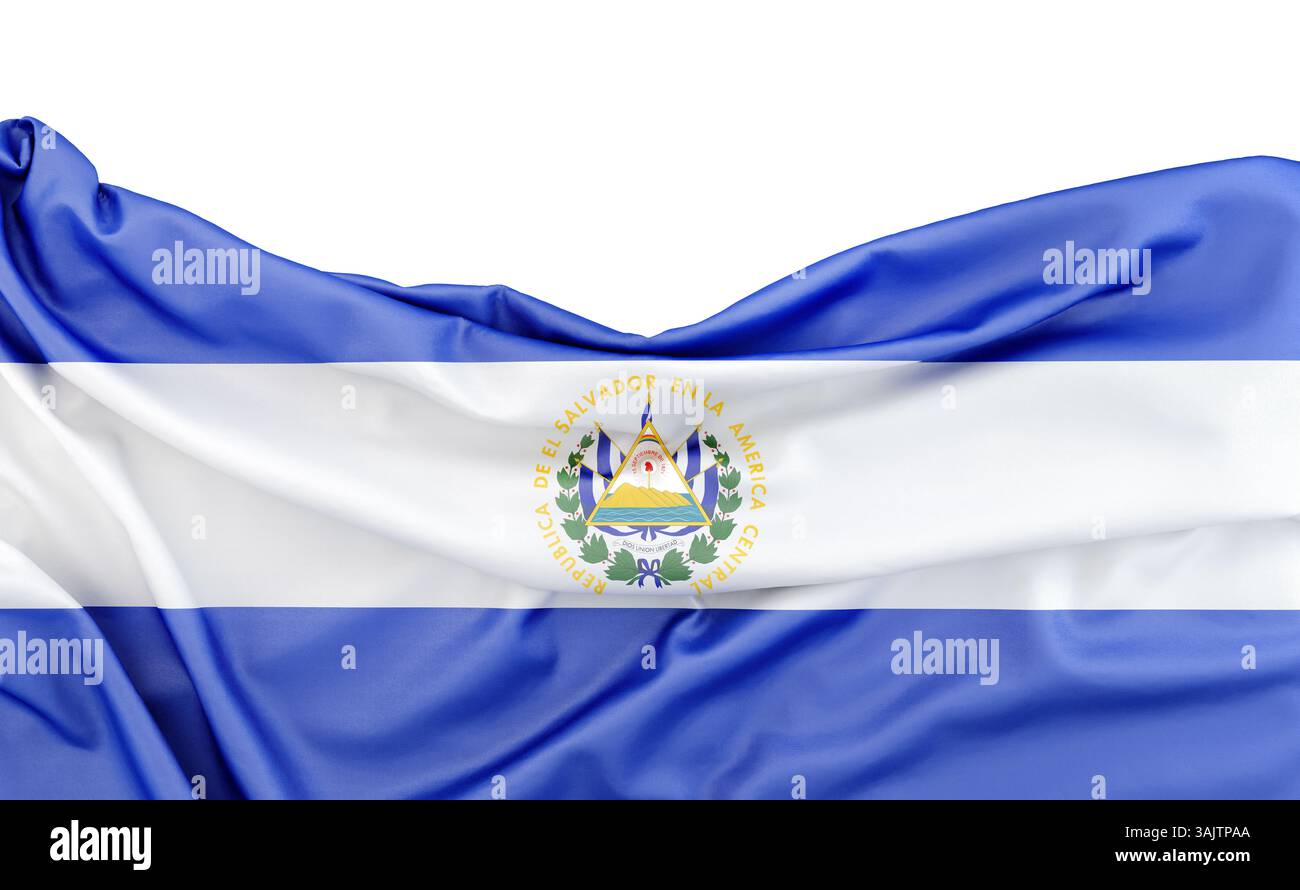 Bandiera di El Salvador isolata su sfondo bianco con spazio di copia sopra. Rendering 3D. Foto Stock