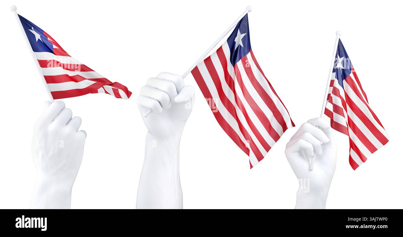 Mano che regge la bandiera della Liberia. Rendering 3d isolato. Foto Stock