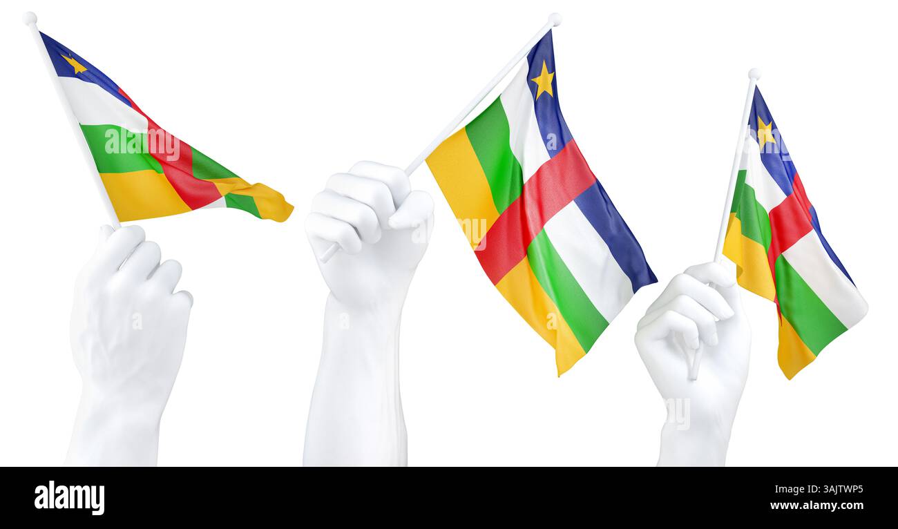 Mano che tiene bandiera della Repubblica Centrafricana. Rendering 3d isolato. Foto Stock