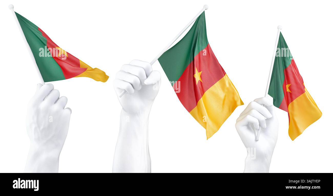 Mano che tiene la bandiera del Camerun. Rendering 3d isolato. Foto Stock