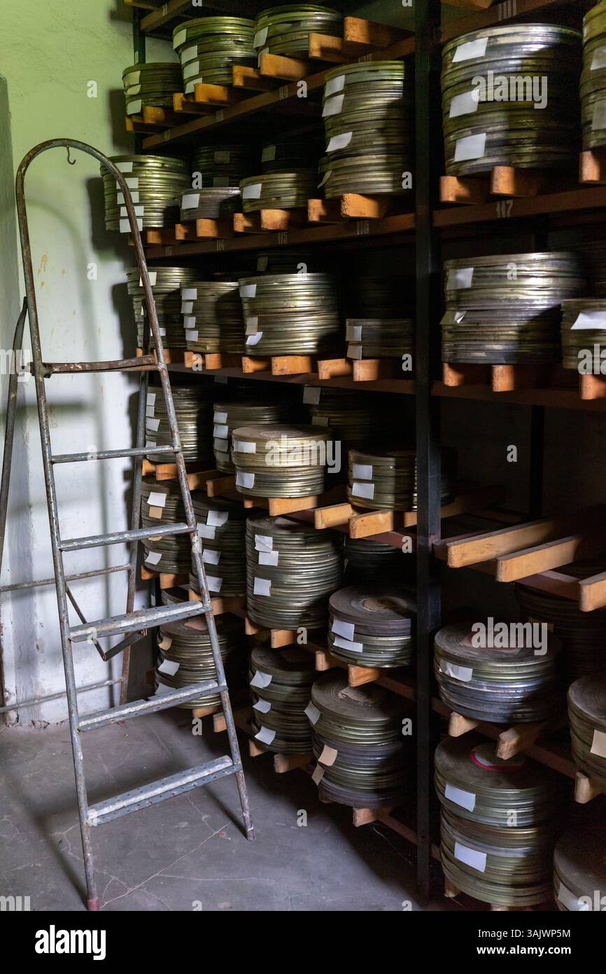 Numerose bobine di pellicola sono disposte in modo ordinato su scaffali in legno all'interno di un magazzino di archiviazione. Accanto ai ripiani è presente una scala metallica che indica l'accesso Foto Stock