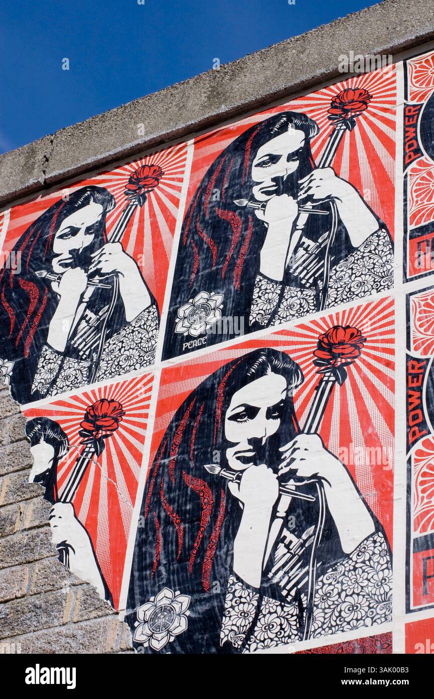 17 febbraio 2009 - Quincy, Massachusetts, Stati Uniti - opere d'arte di Shepard Fairey incollate su un muro nel quartiere di Fort Point a South Boston. Fairey, che ha iniziato come artista di strada con un background nello skateboard, ha visto la sua fama e notorietà accelorare di recente con il suo famoso design "Obama Hope", utilizzato come poster nella campagna elettorale di Barack Obama. Lo stesso design ha abbellito la copertina di Time Magazine e da allora è stato acquistato dalla National Portrait Gallery degli Stati Uniti per la loro collezione permanente. Fairey, laureato alla Rhode Island School of Design di Providence, ha guadagnato notorietà in Foto Stock