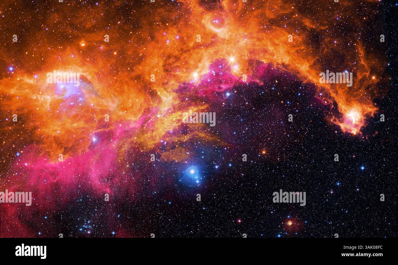 Nebulosa gabbiano, immagine composita. L'immagine combina dati visibili e dati a infrarossi (arancione). Questa regione di formazione stellare è distante circa 3500 anni luce ai confini delle costellazioni di Monoceros e Canis Major. La nebulosa di emissione IC 2177 (in alto a sinistra) forma la "testa" del gabbiano. I dati delle immagini sono stati ottenuti dal Subaru Telescope del National Astronomical Observatory of Japan (NAOJ), dal Digitized Sky Survey e dal WISE (Wide-Field Infrared Survey Explorer) della NASA. Per questa vista con i dati a infrarossi sottratti, vedere l'immagine C030/0048. Foto Stock