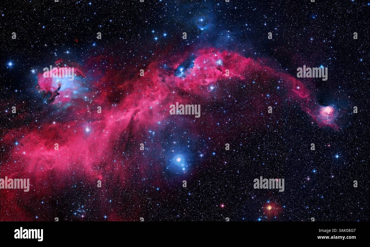 Nebulosa gabbiano, immagine composita. Questa regione di formazione stellare è distante circa 3500 anni luce ai confini delle costellazioni di Monoceros e Canis Major. La nebulosa di emissione IC 2177 (in alto a sinistra) forma la "testa" del gabbiano. I dati delle immagini sono stati ottenuti dal Subaru Telescope del National Astronomical Observatory of Japan (NAOJ) e dal Digitized Sky Survey. Per questa vista con i dati a infrarossi aggiunti, vedere l'immagine C030/0047. Foto Stock