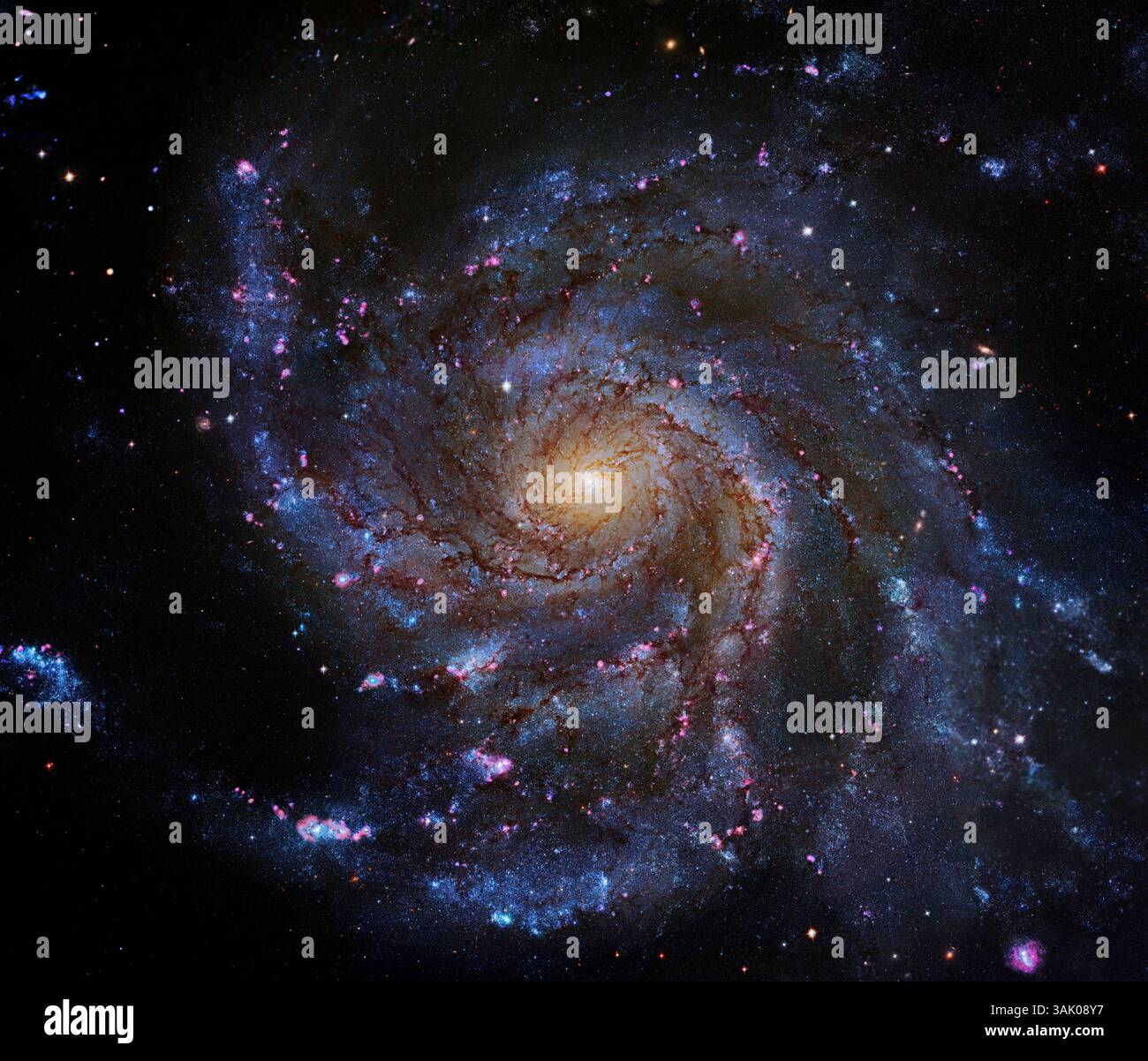 Galassia Pinwheel (M101), immagine ottica. Immagini combinate dal Subaru Telescope e dal Hubble Space Telescope della Pinwheel Galaxy (M101, NGC 5457). Questa grande galassia a spirale si trova a soli 22 milioni di anni luce dalla nostra stessa galassia (la via Lattea), ma con 170.000 anni luce di larghezza è circa il doppio delle dimensioni. Ci sono molte regioni luminose di nascita stellare, che si pensa siano il risultato di una collisione energetica con una galassia più piccola. Si trova nella costellazione dell'Orsa maggiore. Foto Stock