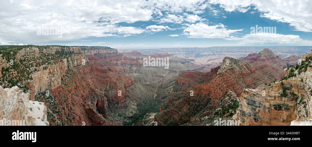 Grand Canyon. Questa vista è a Cape Royal sul versante nord del canyon. Il Grand Canyon è la gola più grande del mondo. Si formò quando il fiume Colorado si erose attraverso letti elevatori di morbida roccia sedimentaria. Il canyon è lungo oltre 440 chilometri e in alcuni luoghi è profondo oltre 1,5 chilometri. Le rocce più antiche, esposte sul fondo del canyon, risalgono a circa due miliardi di anni fa. Foto Stock