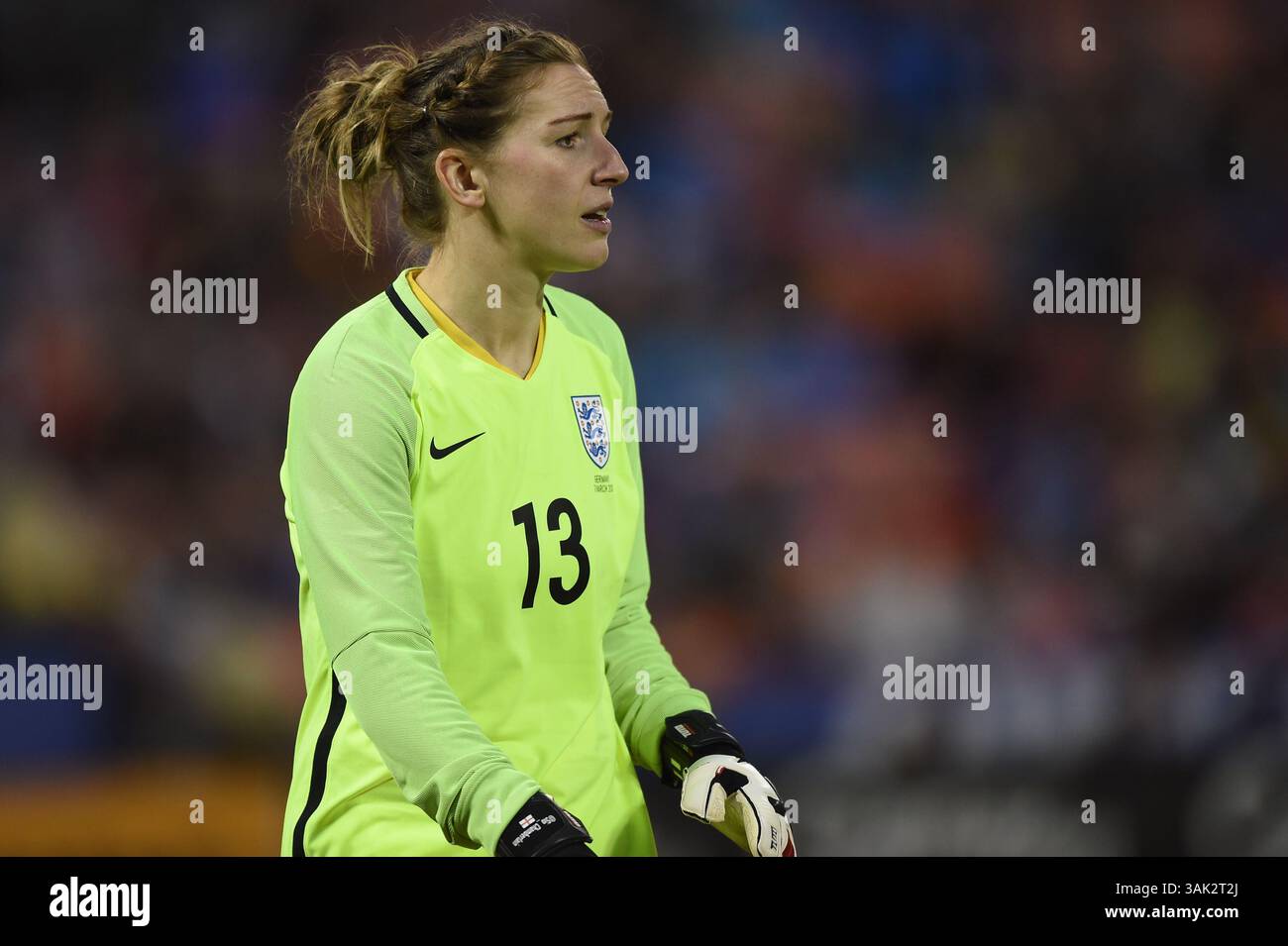 07 MARZO 2017: Il portiere inglese Siobhan Chamberlain (13) in porta durante la partita tra Germania e Inghilterra alla SheBelieves Cup all'RFK Stadium di Washington DC. La Germania ha vinto la partita 1-0. John Middlebrook/CSM(immagine di credito: &Copy; John Middlebrook/CSM tramite cavo ZUMA) Foto Stock