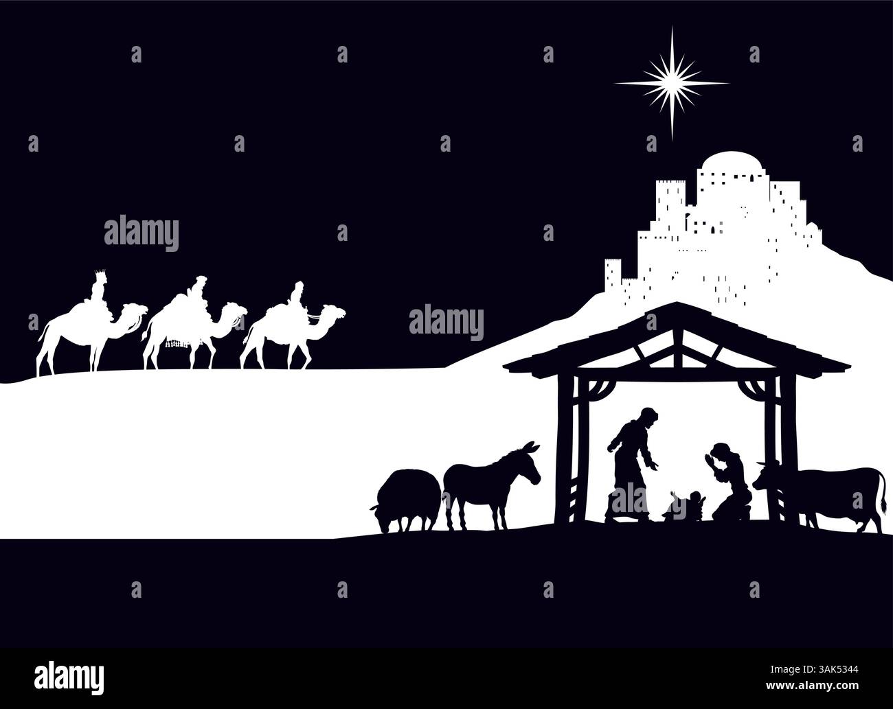 Presepe natalizio Bethlehem Manger Wise Men Illustrazione Vettoriale