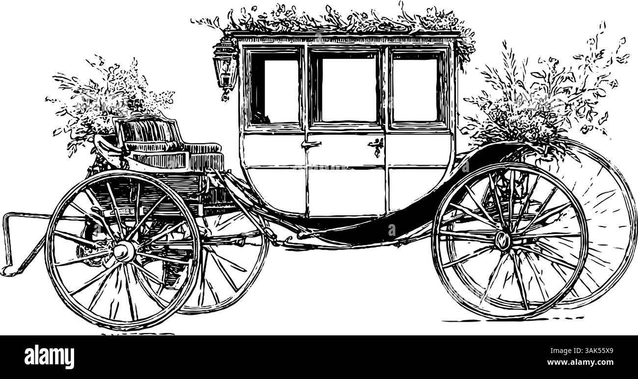 Carrozza per matrimoni vintage con decorazioni floreali - illustrazione incisa per un design classico. Illustrazione Vettoriale