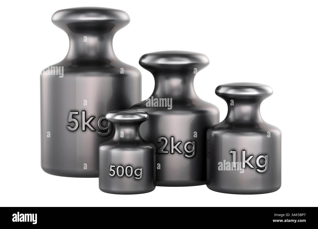 pesi da 5 kg, 2 kg, 1 kg, 500 g. Ghisa, peso di taratura. Rendering 3D isolato su sfondo bianco Foto Stock