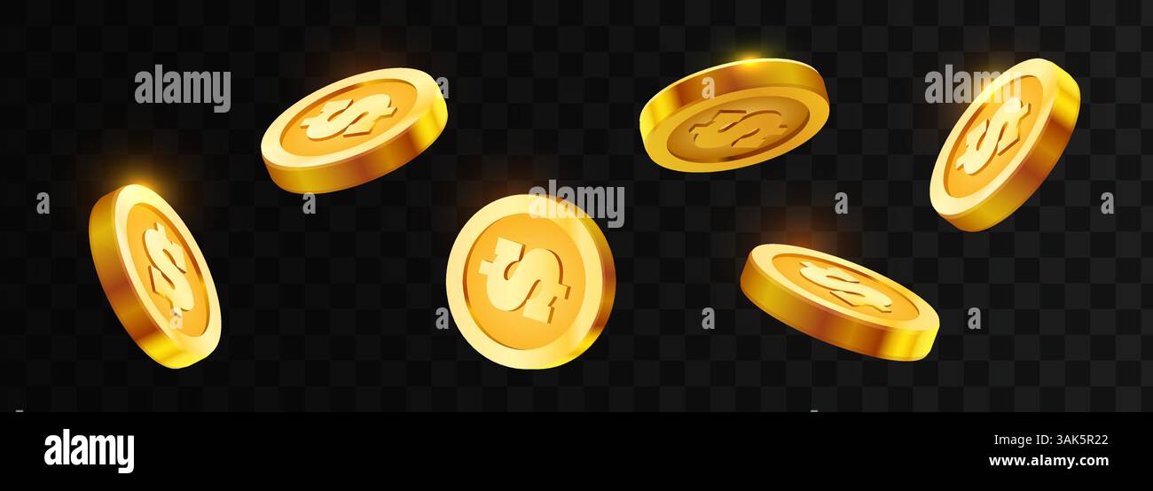 3D consente di impostare monete d'oro realistiche con angoli diversi isolati su sfondo trasparente. Illustrazione vettoriale Illustrazione Vettoriale