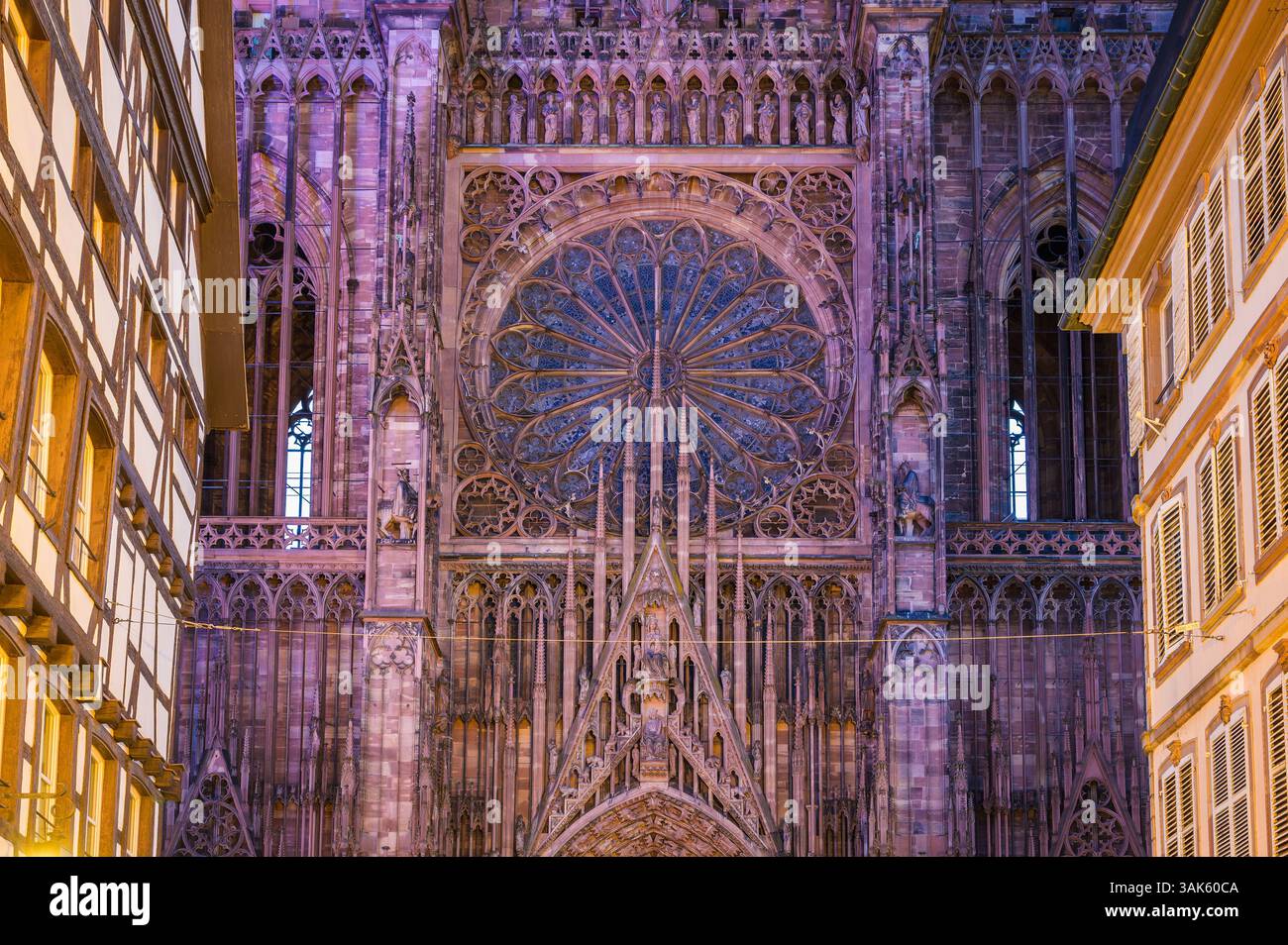 Vista dettagliata della splendida facciata della cattedrale di Notre Dame de Strasbourg illuminata di notte Foto Stock