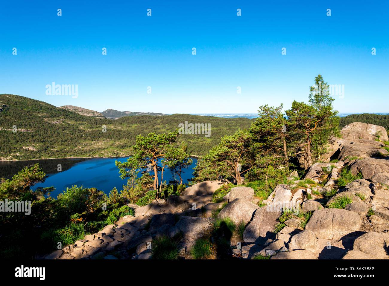 Paesaggio panoramico estivo con la foresta, il lago Clear Blue visto dal Preikestolen Hiking Trail, Stavanger, Norvegia, luglio 2018 Foto Stock