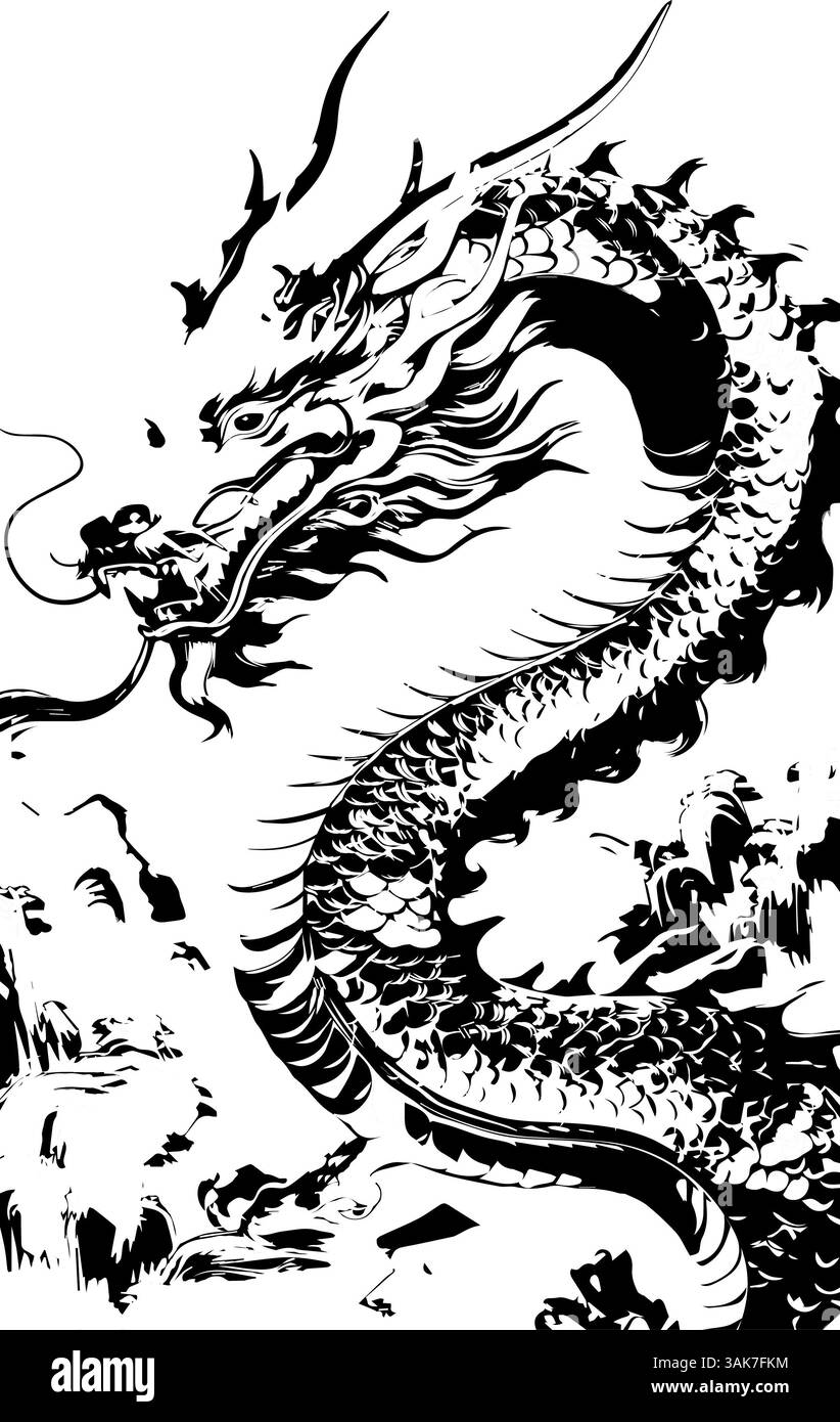 Questo dipinto a inchiostro bianco e nero di un drago nascente combina l'antica mitologia con uno stile audace e moderno, un simbolo iconico del design di ispirazione asiatica Foto Stock