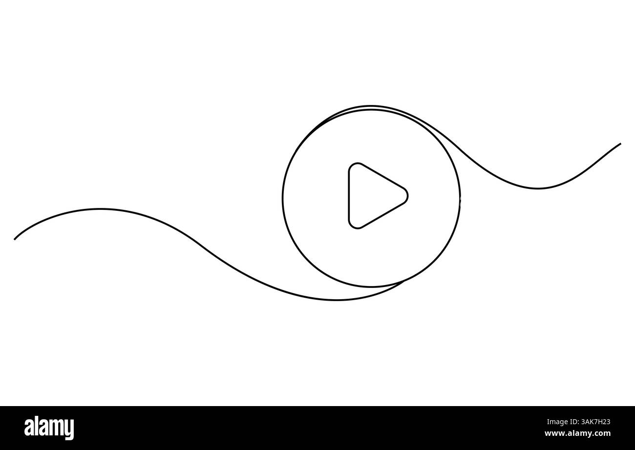 Disegno continuo dell'icona di riproduzione. Pulsante del lettore multimediale, video o musicale in stile lineare. Disegno di una linea Illustrazione Vettoriale