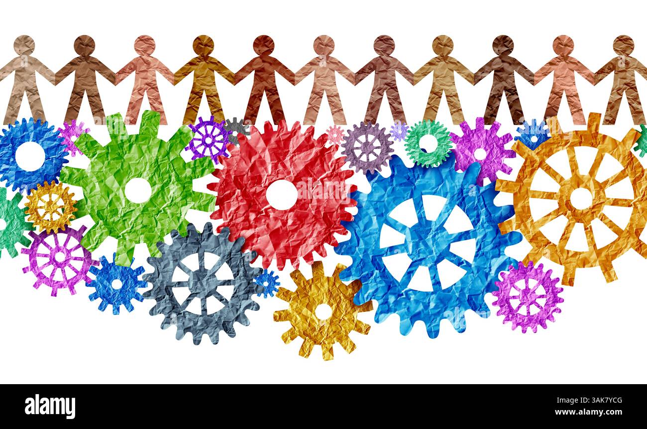 Concetto di lavoro di squadra e lavoro di squadra come un gruppo diversificato di professionisti e persone diverse collegate e che lavorano insieme come ingranaggi e ruote dentate per l'unità Foto Stock