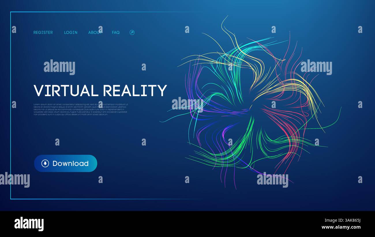 Interfaccia futuristica del sito Web di realtà virtuale con onde digitali astratte brillanti, linee di colore al neon e un design moderno dell'interfaccia utente su sfondo scuro Illustrazione Vettoriale