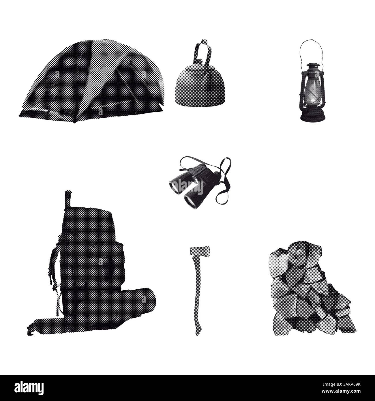 Starter pack da campeggio a punti in bianco e nero con mezzitoni. Sfondo bianco isolato. Illustrazione Vettoriale