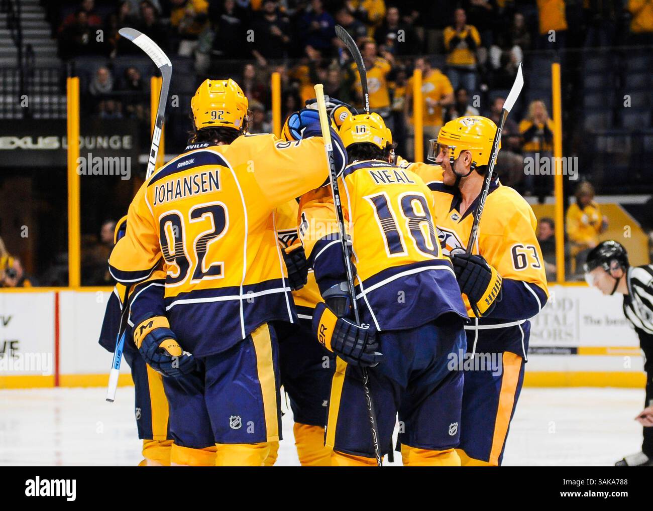 L'8 novembre 2016 il centro dei Nashville Predators Ryan Johansen (92) e il centro dei Nashville Predators Mike Ribeiro (63) si congratulano con l'ala destra dei Nashville Predators James Neal (18) dopo aver segnato il primo gol dei Nashville Predators durante una partita di hockey tra gli Ottawa Senators e i Nashville Predators alla Bridgestone Arena di Nashville Tennessee. Steve Roberts/CSM (immagine di credito: &Copy; Steve Roberts/Cal Sport Media/CSM tramite cavo ZUMA) Foto Stock