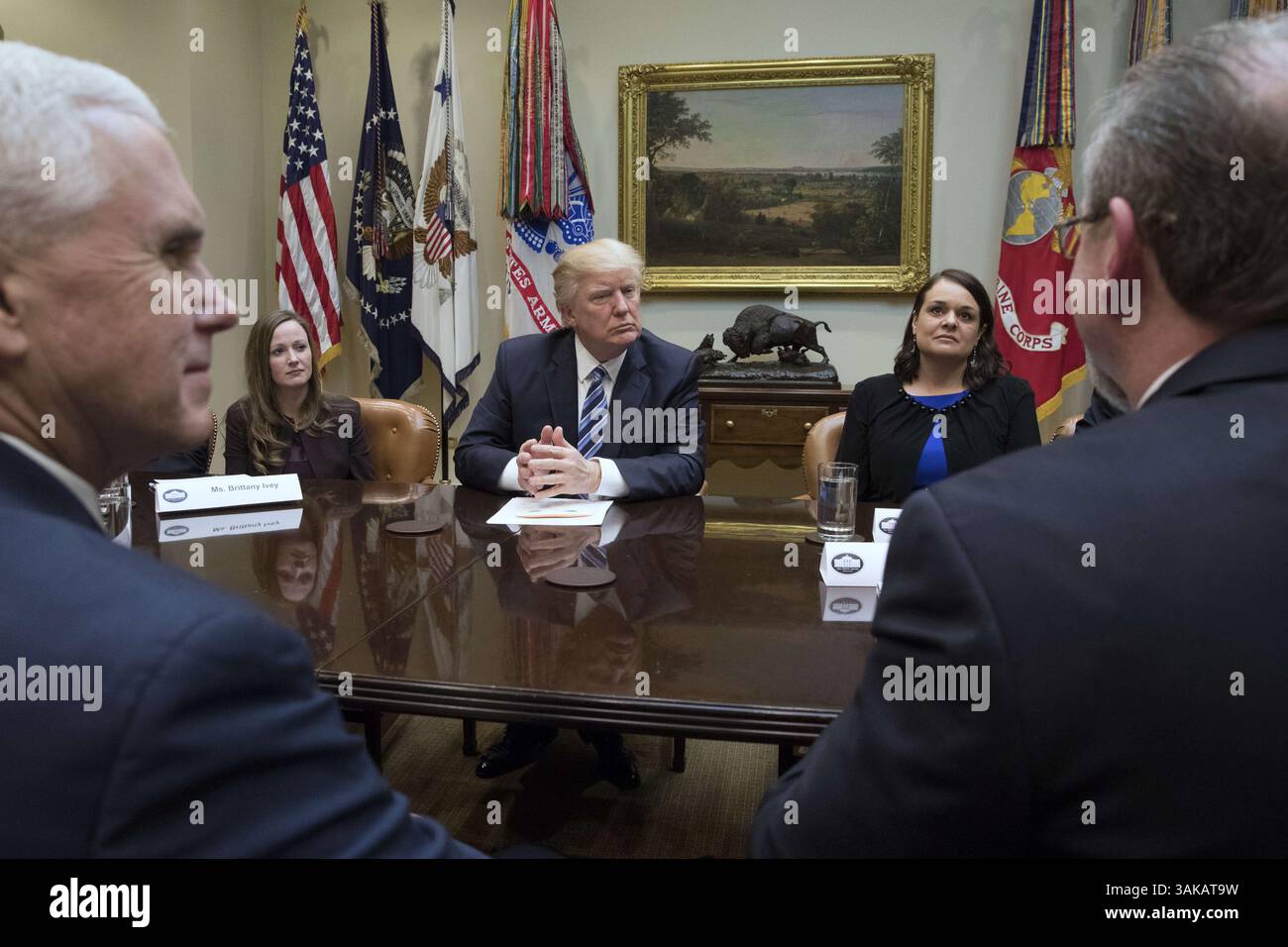 13 marzo 2017 - Washington, District of Columbia, Stati Uniti d'America - il presidente degli Stati Uniti Donald J. Trump (C) e il vicepresidente degli Stati Uniti Mike Pence (Front L) partecipano a un incontro sull'assistenza sanitaria con gli oppositori del Affordable Care Act, nella Roosevelt Room della Casa Bianca a Washington, DC, USA, 13 marzo 2017. Il disegno di legge dei repubblicani della camera, noto come "American Health Care Act”, destinato a sostituire l'Affordable Care Act e approvato dal presidente Trump, ha subito critiche sia da parte dei repubblicani che dei democratici. Anche in questa foto c'è Brittany Ivey (Back L) della Georgia, Carrie Couey (Back R) Foto Stock